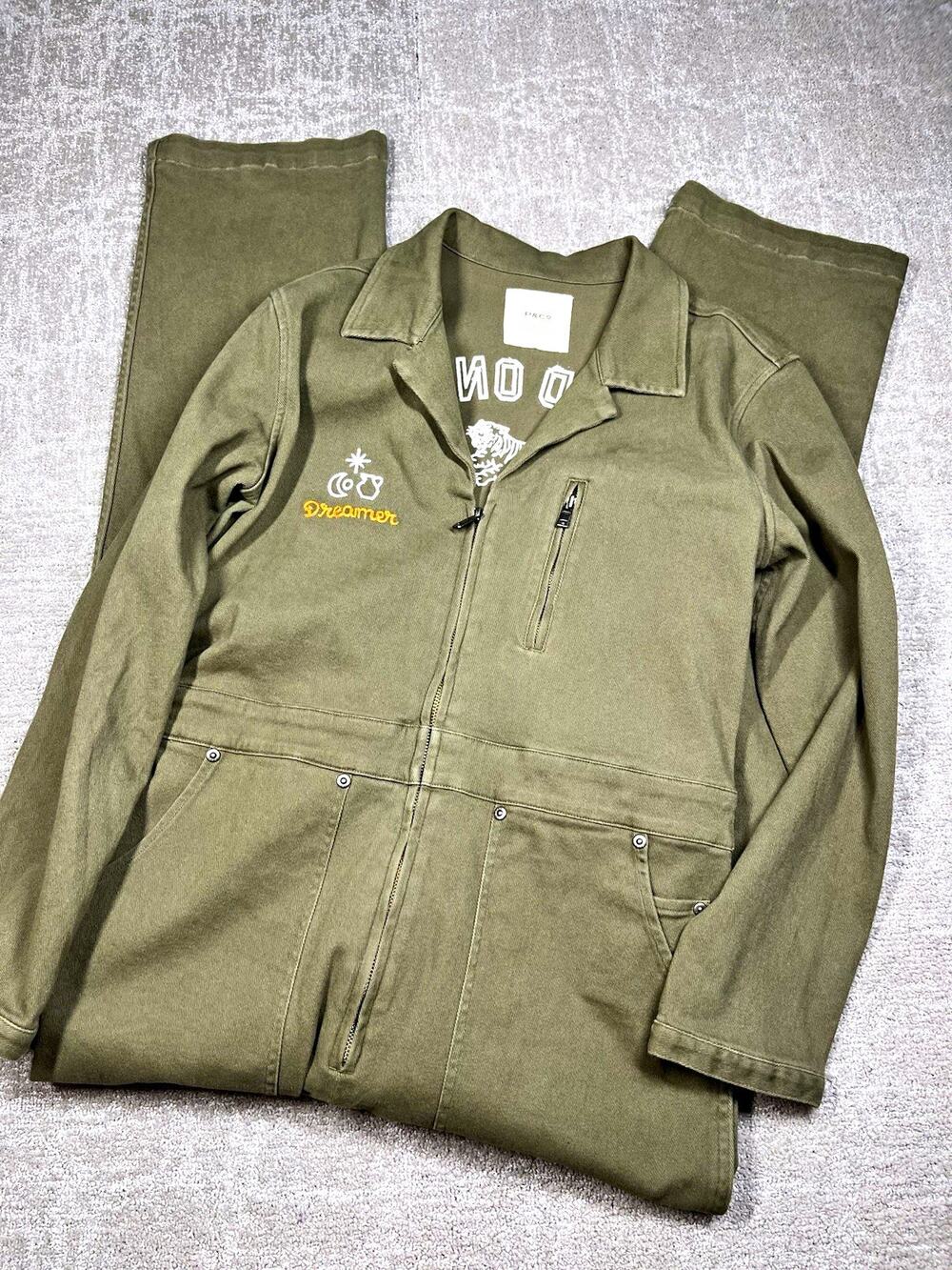P&CO Wild Ones Olive Cotton Zip-Front Coveralls Jumpsuit Graphic Patch Size 12